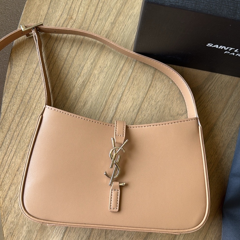 Saint Laurent Beige Tan Leather Shoulder Bag with Gold YSL Logo
